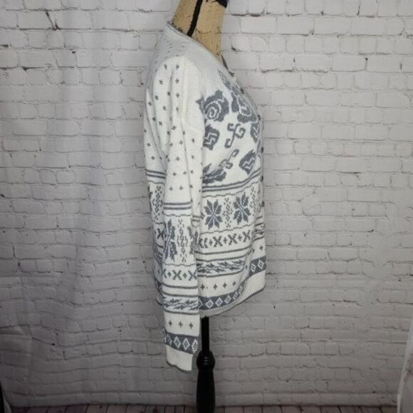 Vintage 70s Fair Isle White Nordic Knit Cardigan Sweater Rose Snowflake - Picture 7 of 15